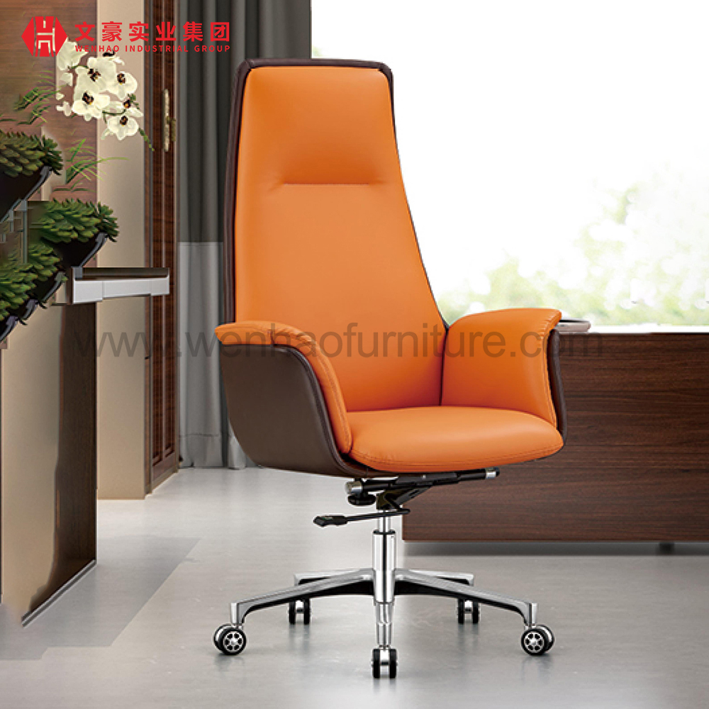 Silla de oficina ejecutiva de cuero con respaldo alto anaranjado con ruedas, sillas de escritorio tapizadas giratorias