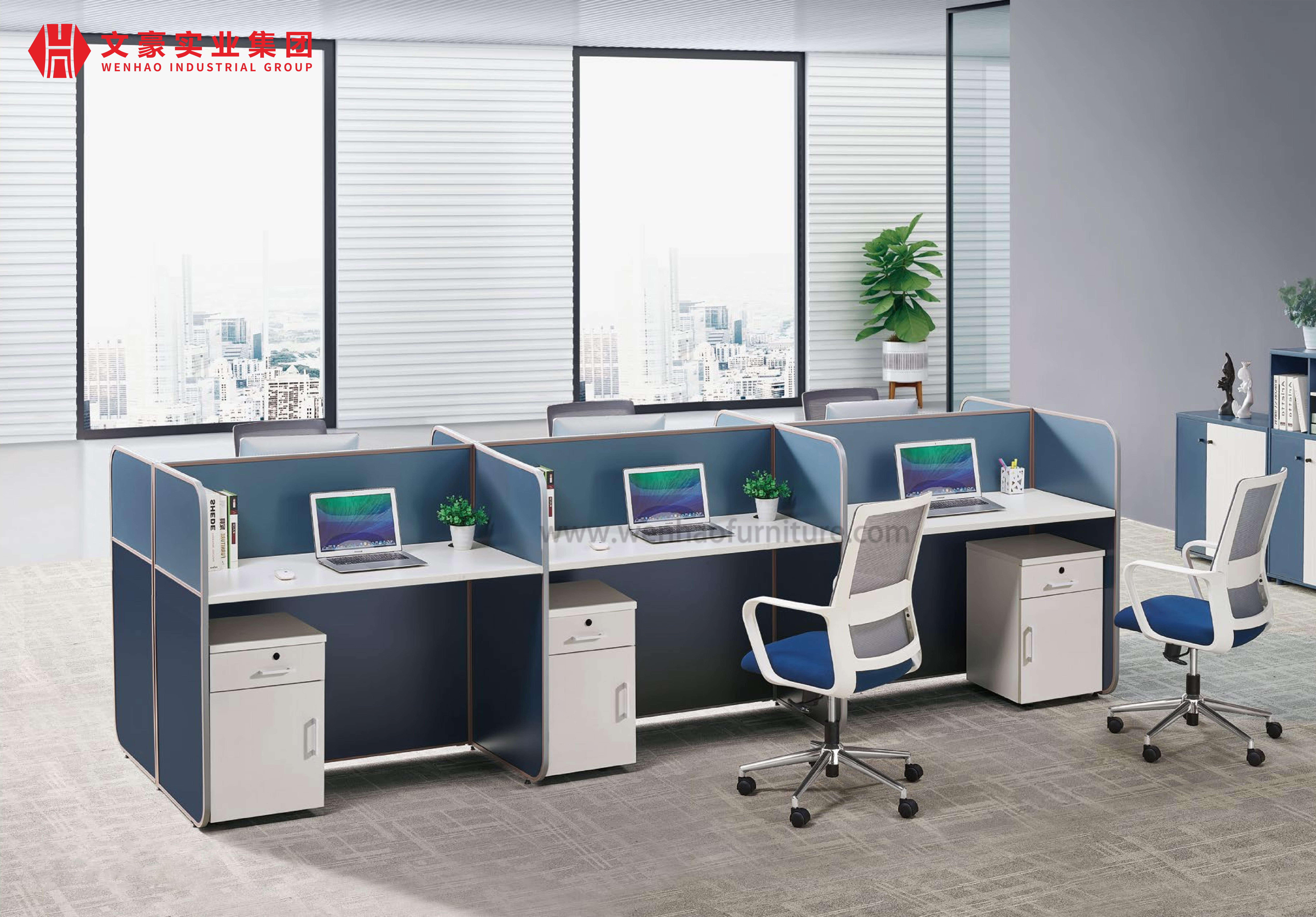Nuevo diseño moderno, muebles comerciales, Modular, en forma de L, estación de trabajo para computadora, partición de vidrio, escritorio para personal de oficina para 4 personas