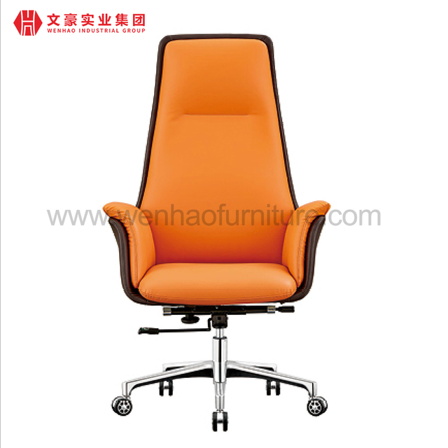 Silla de oficina ejecutiva de cuero con respaldo alto anaranjado con ruedas, sillas de escritorio tapizadas giratorias