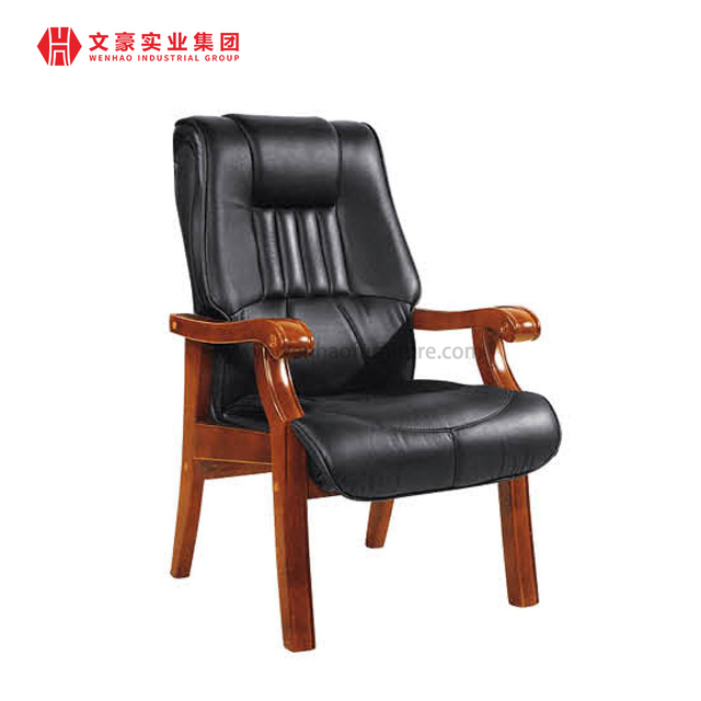 Silla de reunión con marco de madera maciza, silla de conferencia con tapicería de cuero auténtico a la venta